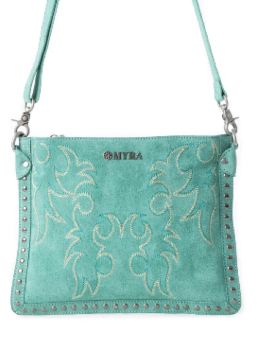 Myra TEXAS ROSE WESTERN EMBROIDERED LEATHER BAG IN TURQUOISE Crossbody Purse